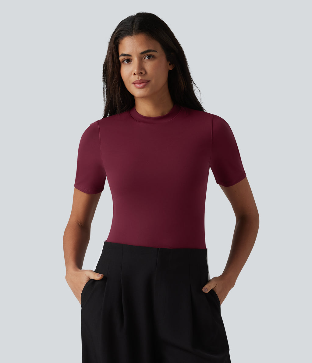 Round Neck Short Sleeve Built-in Bra Casual T-Shirt — Deep Wine — view 3