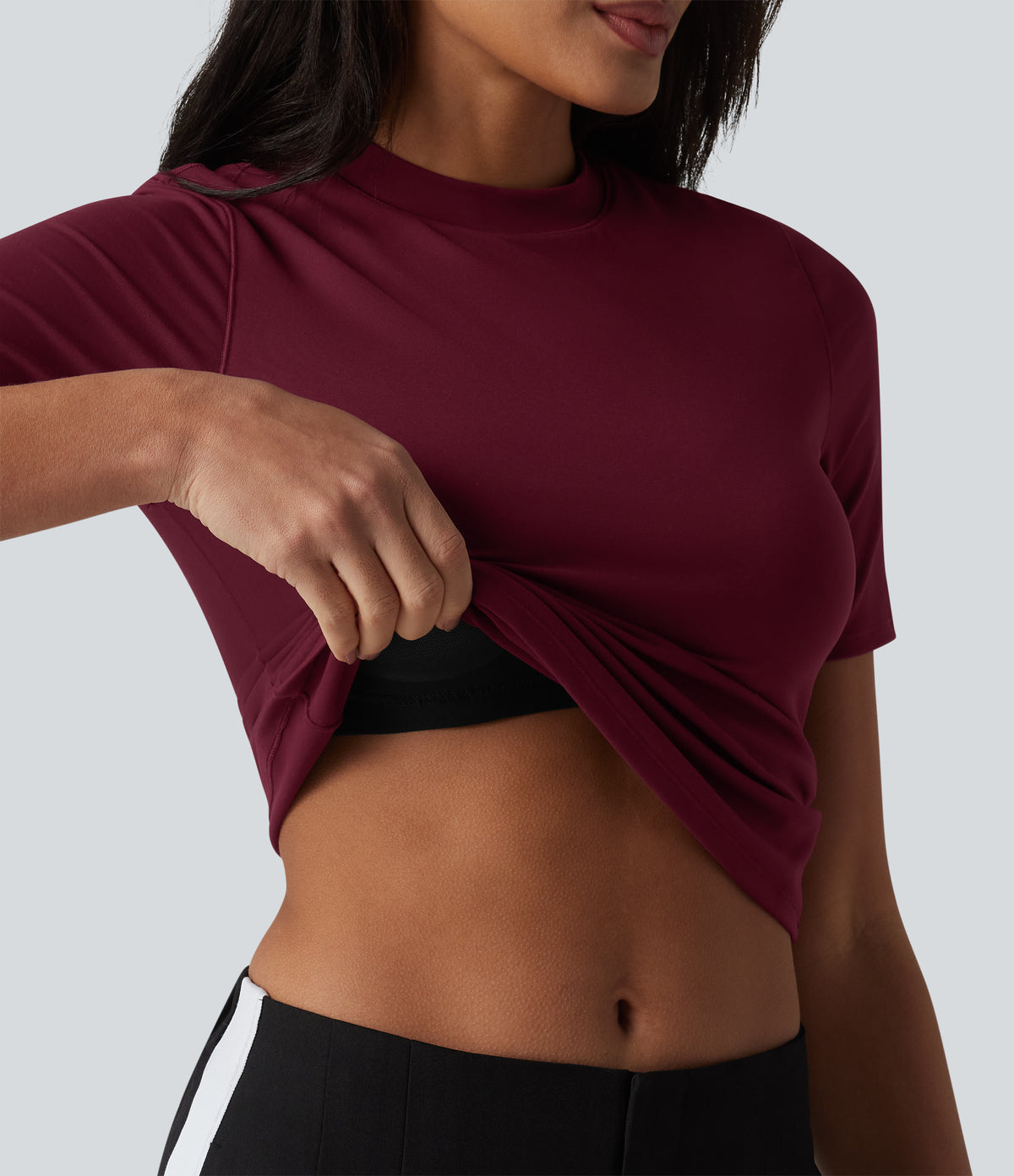 Round Neck Short Sleeve Built-in Bra Casual T-Shirt — Deep Wine — view 1