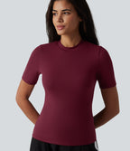 Round Neck Short Sleeve Built-in Bra Casual T-Shirt — Deep Wine — view 5