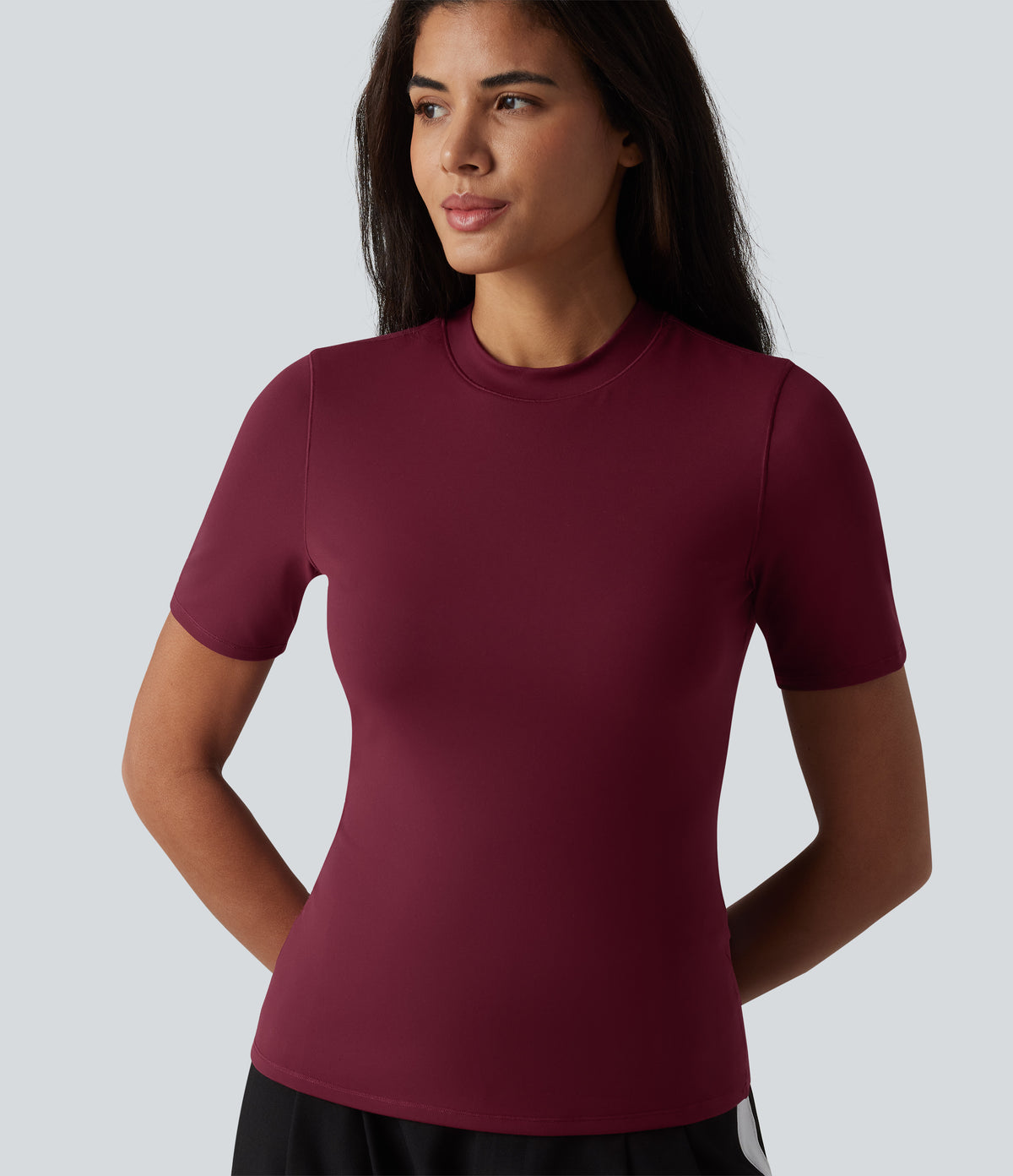 Round Neck Short Sleeve Built-in Bra Casual T-Shirt — Deep Wine — view 5
