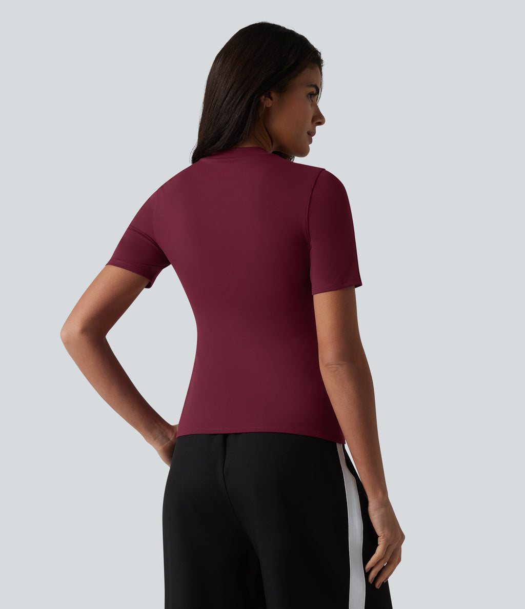 Round Neck Short Sleeve Built-in Bra Casual T-Shirt — Deep Wine — view 2