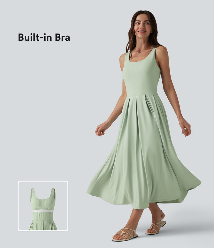 U Neck Built-in Bra Flowy Midi Casual Tank Dress with Pockets — Dewkist — view 1