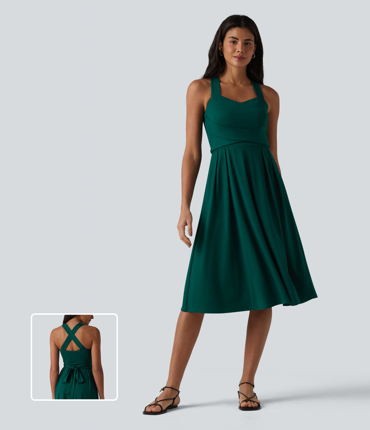 Sweetheart Neck Sleeveless Crisscross Tie-back Midi Casual Flowy Dress with Pockets — Rain Forest — view 1