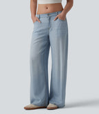 Low Rise Draped Casual Lyocell Wide Leg Jeans with Pockets — Baltic Sea Blue Denim — view 1