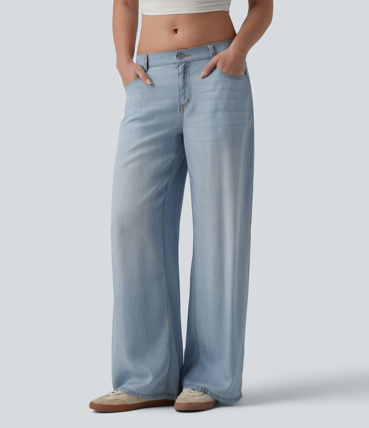 Low Rise Draped Casual Lyocell Wide Leg Jeans with Pockets — Baltic Sea Blue Denim — view 1