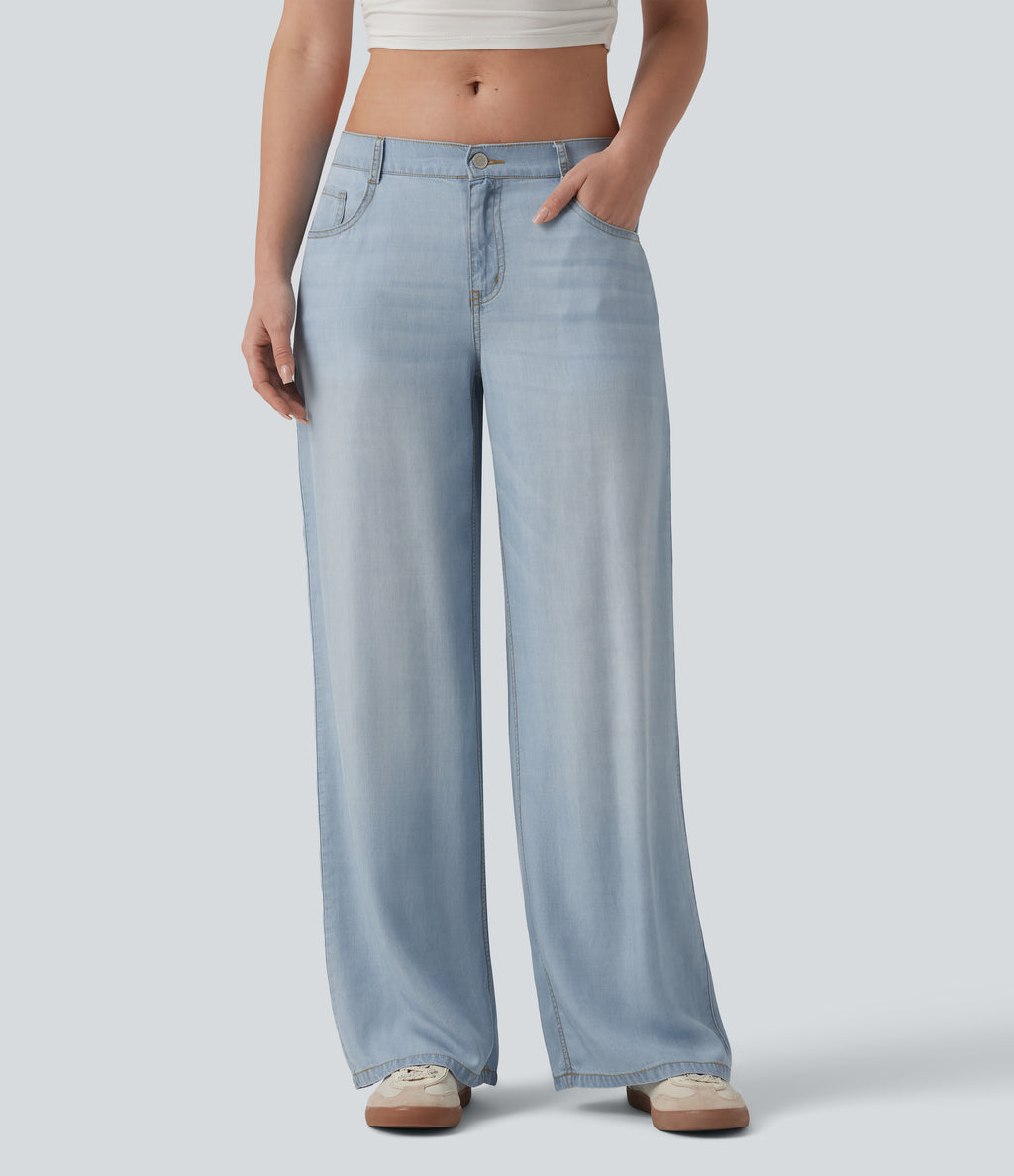 Low Rise Draped Casual Lyocell Wide Leg Jeans with Pockets — Baltic Sea Blue Denim — view 3