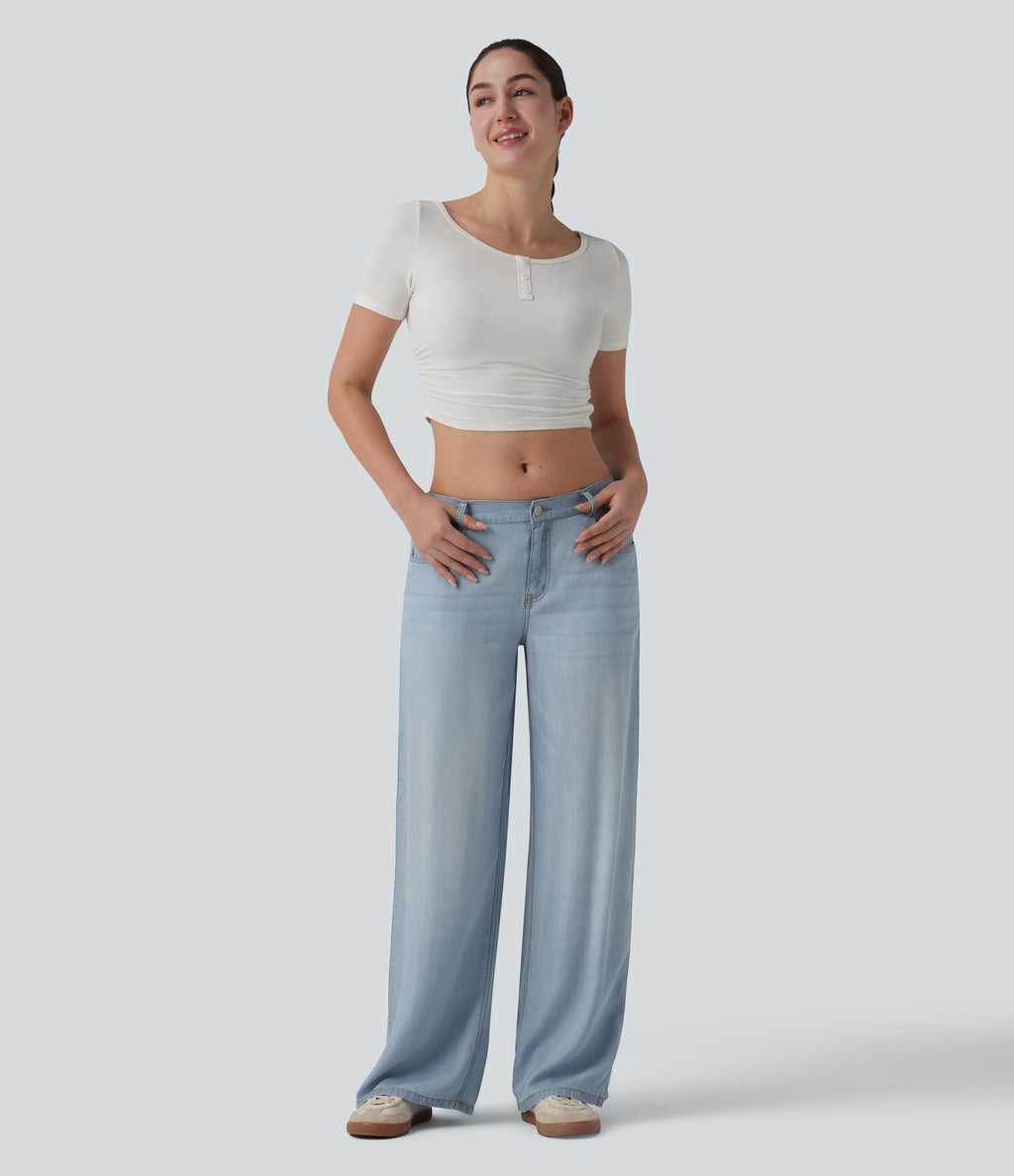 Low Rise Draped Casual Lyocell Wide Leg Jeans with Pockets — Baltic Sea Blue Denim — view 6