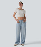 Low Rise Draped Casual Lyocell Wide Leg Jeans with Pockets — Baltic Sea Blue Denim — view 6