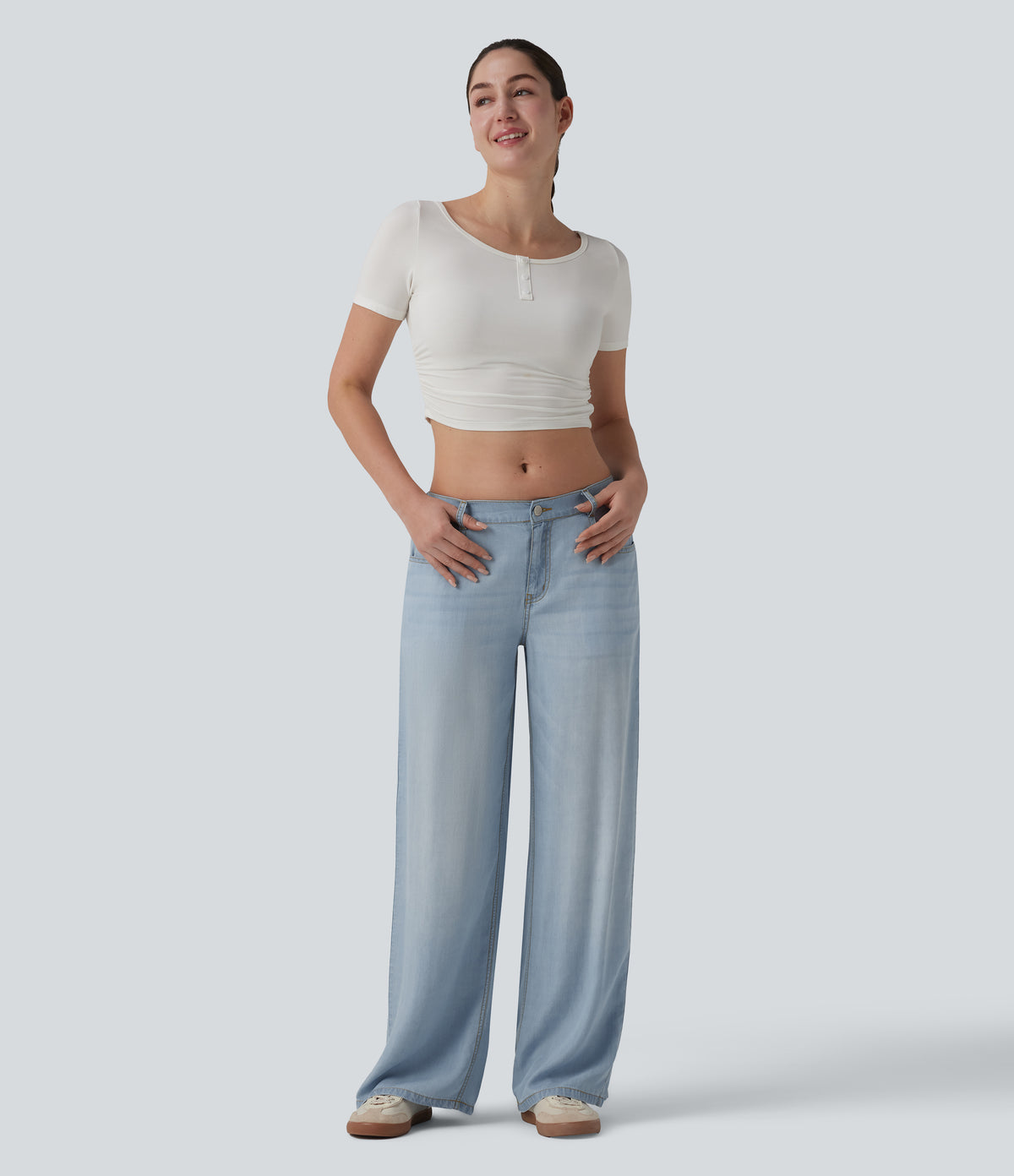 Low Rise Draped Casual Lyocell Wide Leg Jeans with Pockets — Baltic Sea Blue Denim — view 6