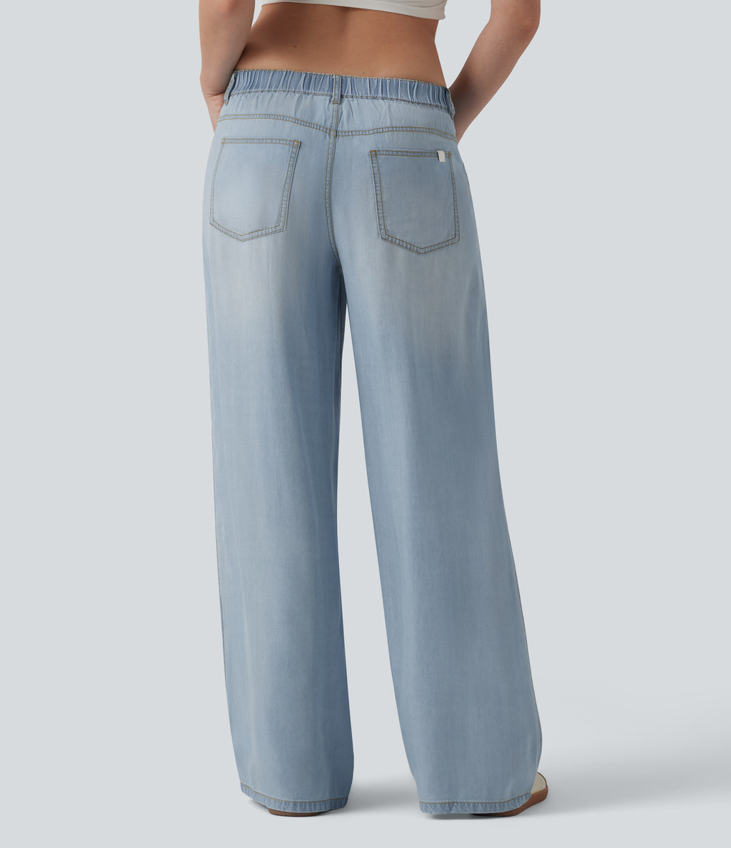 Low Rise Draped Casual Lyocell Wide Leg Jeans with Pockets — Baltic Sea Blue Denim — view 2
