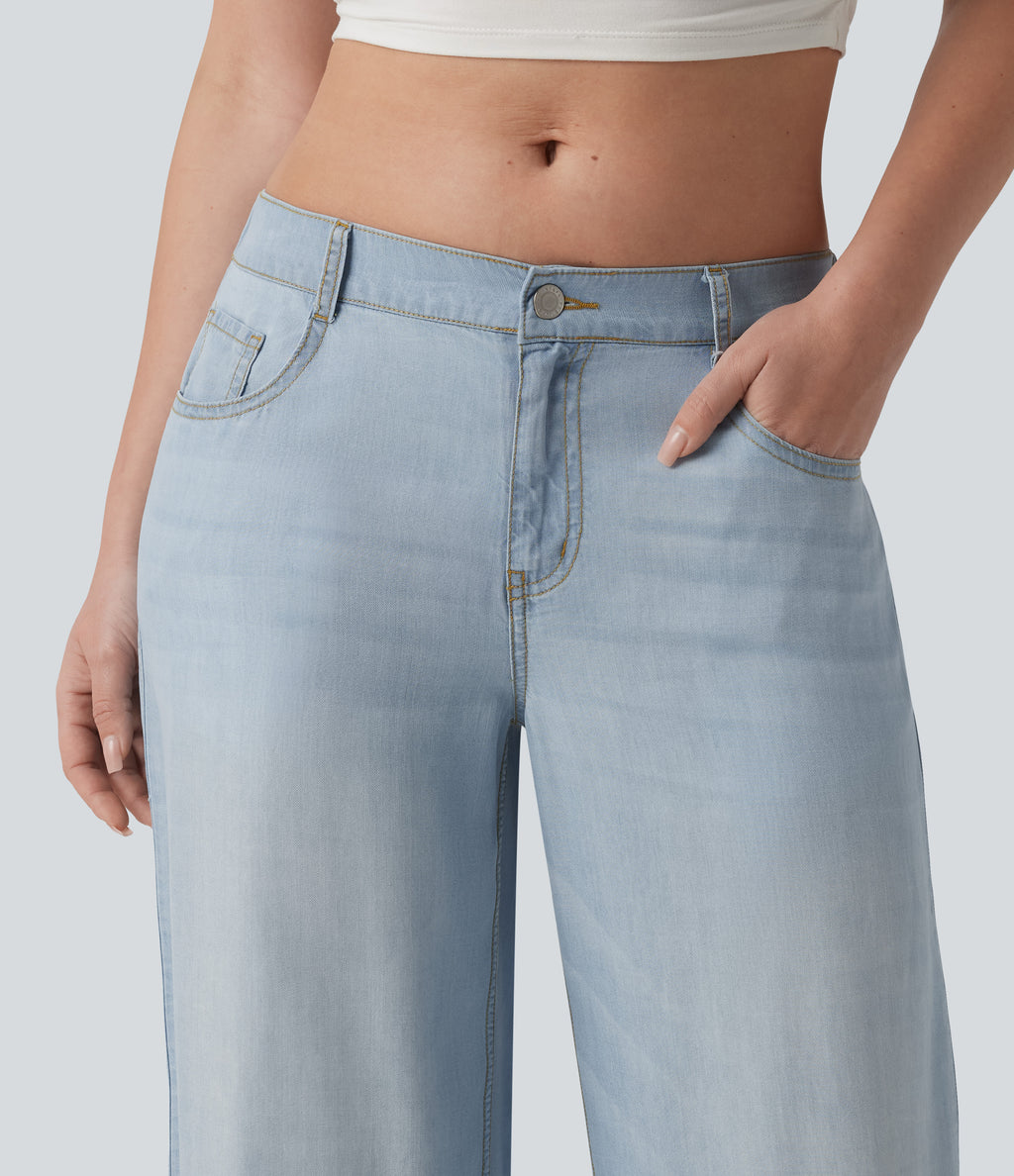 Low Rise Draped Casual Lyocell Wide Leg Jeans with Pockets — Baltic Sea Blue Denim — view 4