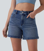 Mid Rise Rolled Hem Denim Casual Shorts 5'' with Pockets — Cerulean Blue Denim — view 5