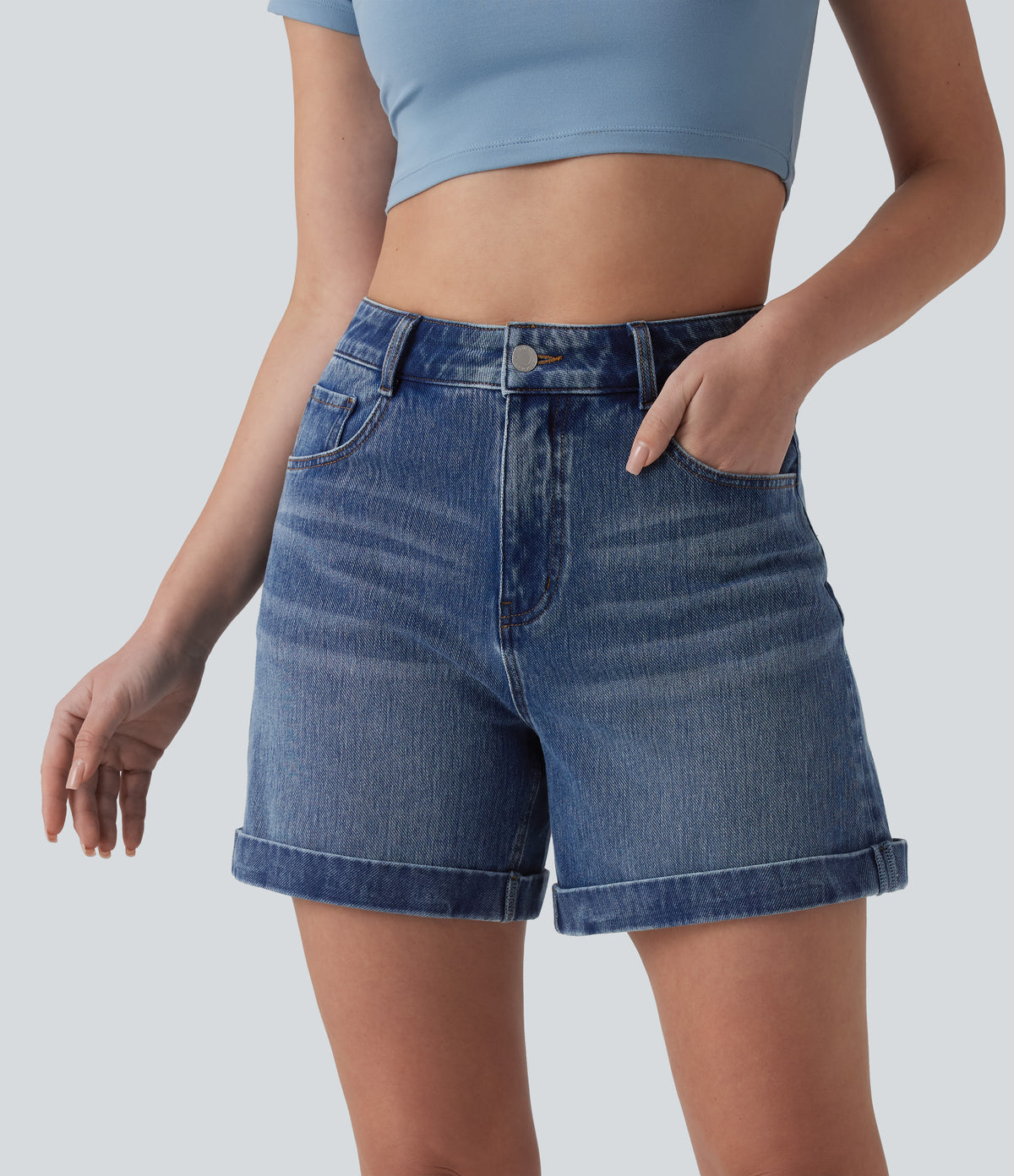 Mid Rise Rolled Hem Denim Casual Shorts 5'' with Pockets — Cerulean Blue Denim — view 3