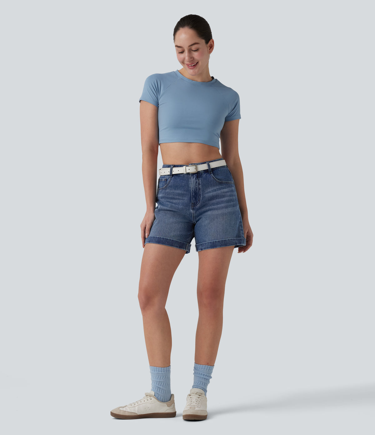 Mid Rise Rolled Hem Denim Casual Shorts 5'' with Pockets — Cerulean Blue Denim — view 6