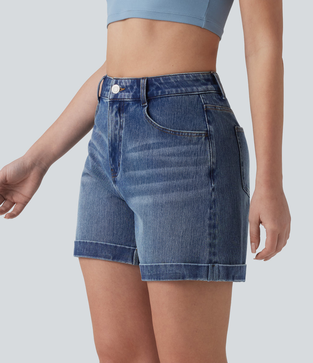 Mid Rise Rolled Hem Denim Casual Shorts 5'' with Pockets — Cerulean Blue Denim — view 1