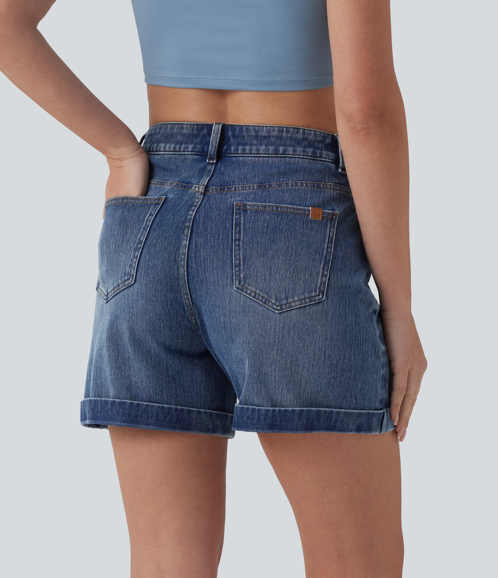 Mid Rise Rolled Hem Denim Casual Shorts 5'' with Pockets — Cerulean Blue Denim — view 2