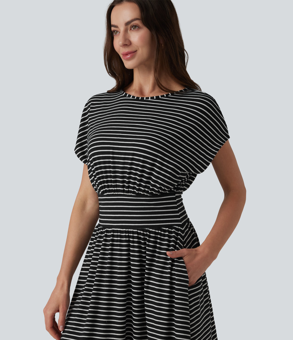 Round Neck Short Sleeve Built-in Bra Stripes Mini Casual Flowy Dress with Pockets — Shadowthread Noir — view 4