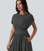 Round Neck Short Sleeve Built-in Bra Stripes Mini Casual Flowy Dress with Pockets — Shadowthread Noir — view 4