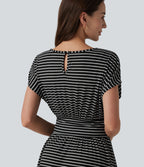 Round Neck Short Sleeve Built-in Bra Stripes Mini Casual Flowy Dress with Pockets — Shadowthread Noir — view 5