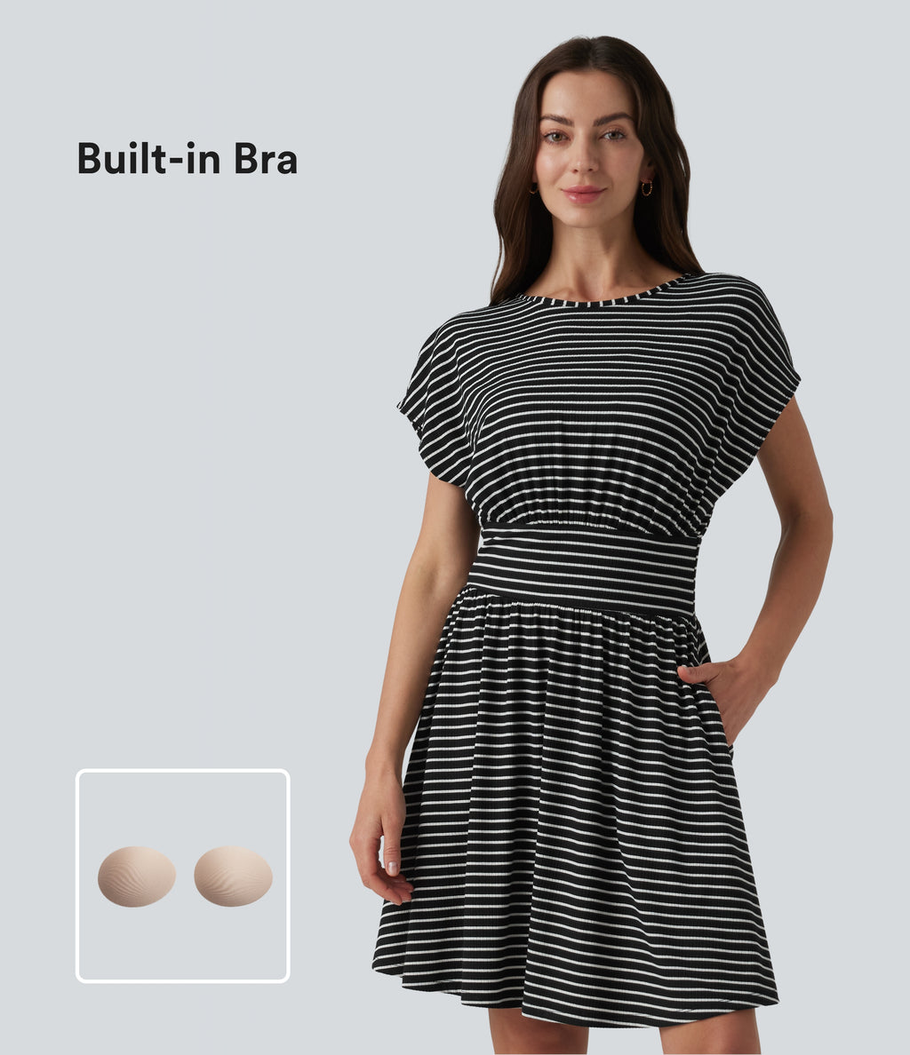 Round Neck Short Sleeve Built-in Bra Stripes Mini Casual Flowy Dress with Pockets — Shadowthread Noir — view 1