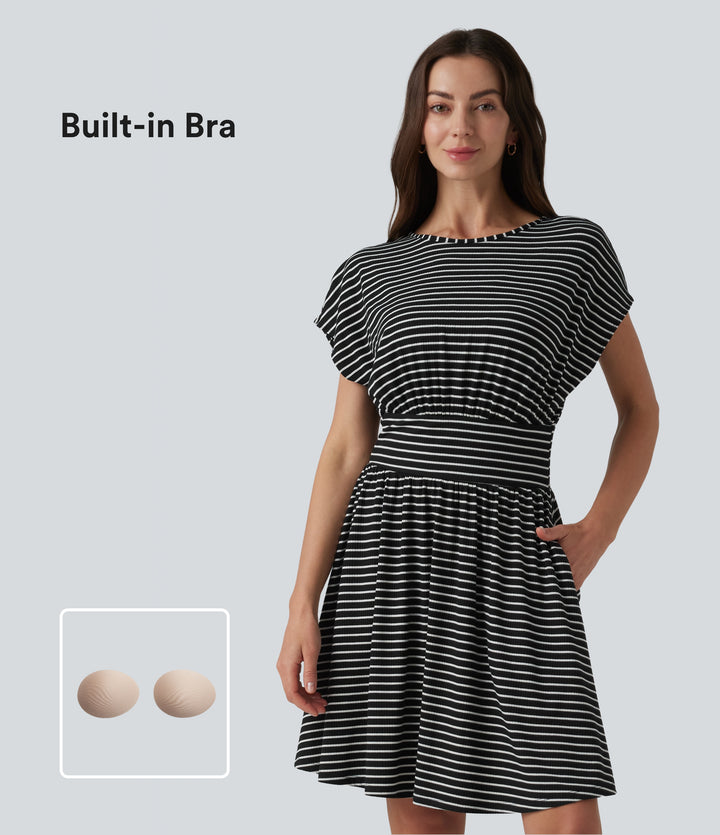 Round Neck Short Sleeve Built-in Bra Stripes Mini Casual Flowy Dress with Pockets — Shadowthread Noir — view 1
