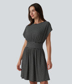 Round Neck Short Sleeve Built-in Bra Stripes Mini Casual Flowy Dress with Pockets — Shadowthread Noir — view 3