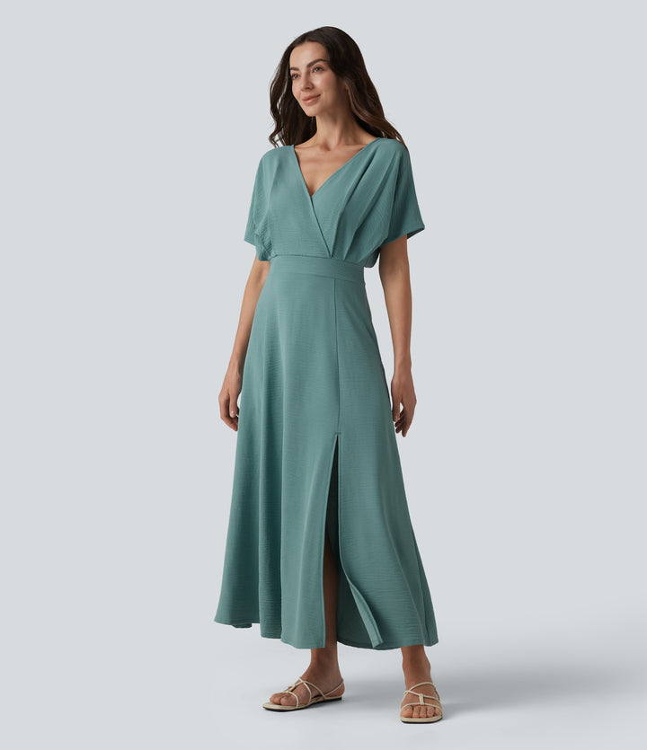 V Neck Short Sleeve Midi Casual Linen-Feel Dress with Pockets — Mineral Blue — view 1