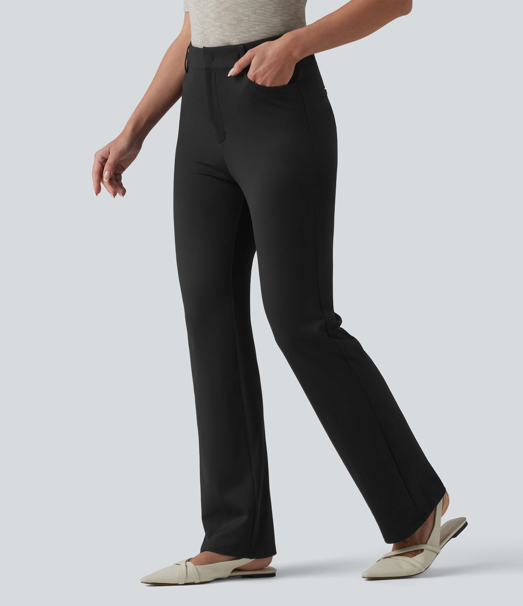 High-waisted Herringbone Work Bootcut Trousers with Pockets — Black — view 3