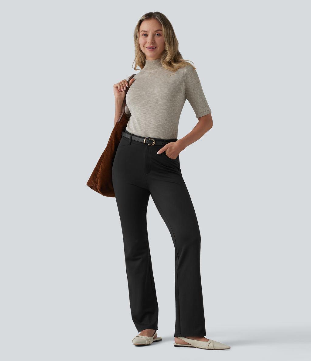 High-waisted Herringbone Work Bootcut Trousers with Pockets — Black — view 6
