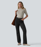 High-waisted Herringbone Work Bootcut Trousers with Pockets — Black — view 6