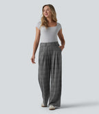 High Waisted Wide Leg Houndstooth Plaid Casual Trousers with Pockets — Charcoal Houndstooth — view 6