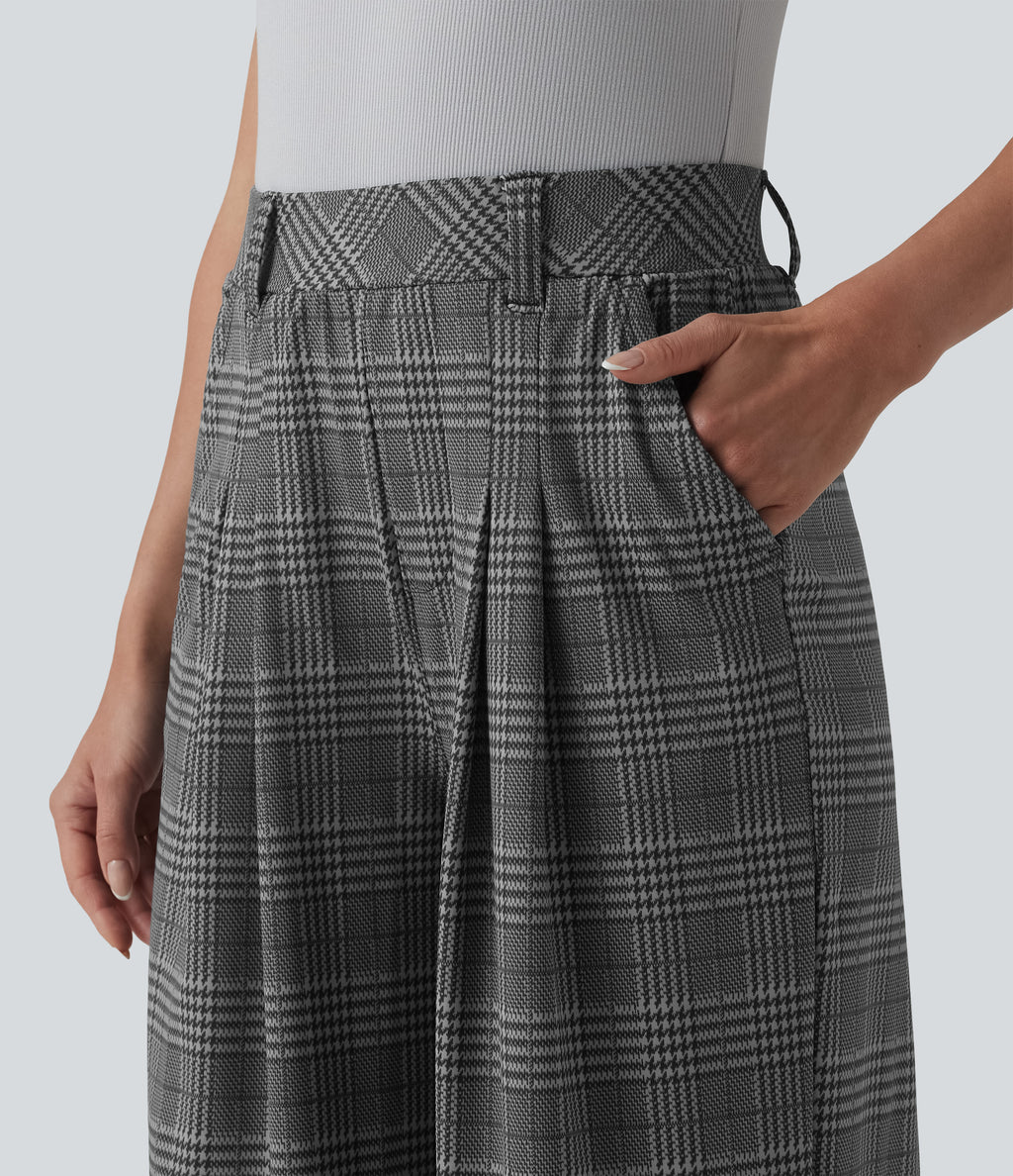 High Waisted Wide Leg Houndstooth Plaid Casual Trousers with Pockets — Charcoal Houndstooth — view 4