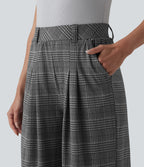 High Waisted Wide Leg Houndstooth Plaid Casual Trousers with Pockets — Charcoal Houndstooth — view 4