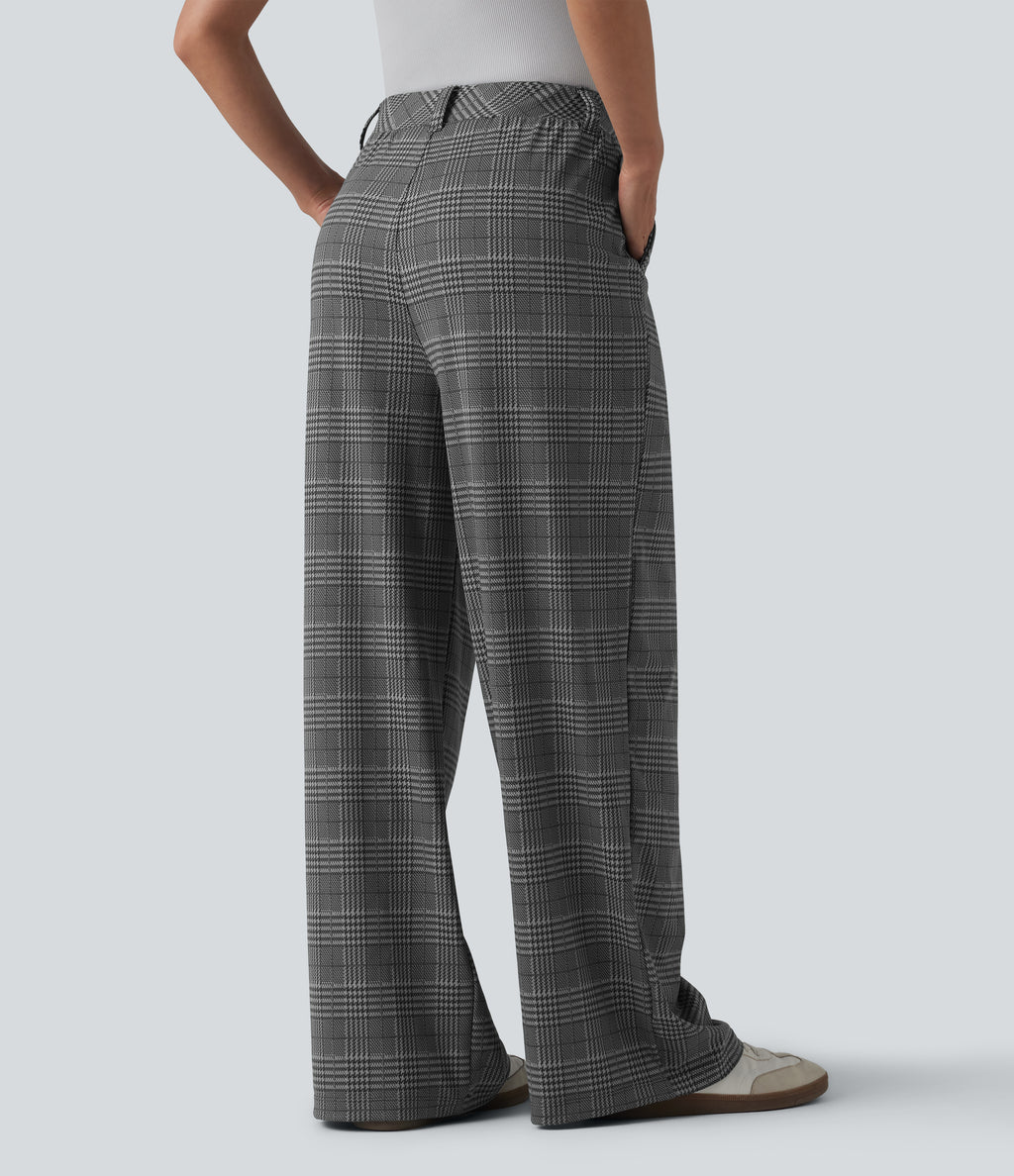 High Waisted Wide Leg Houndstooth Plaid Casual Trousers with Pockets — Charcoal Houndstooth — view 2