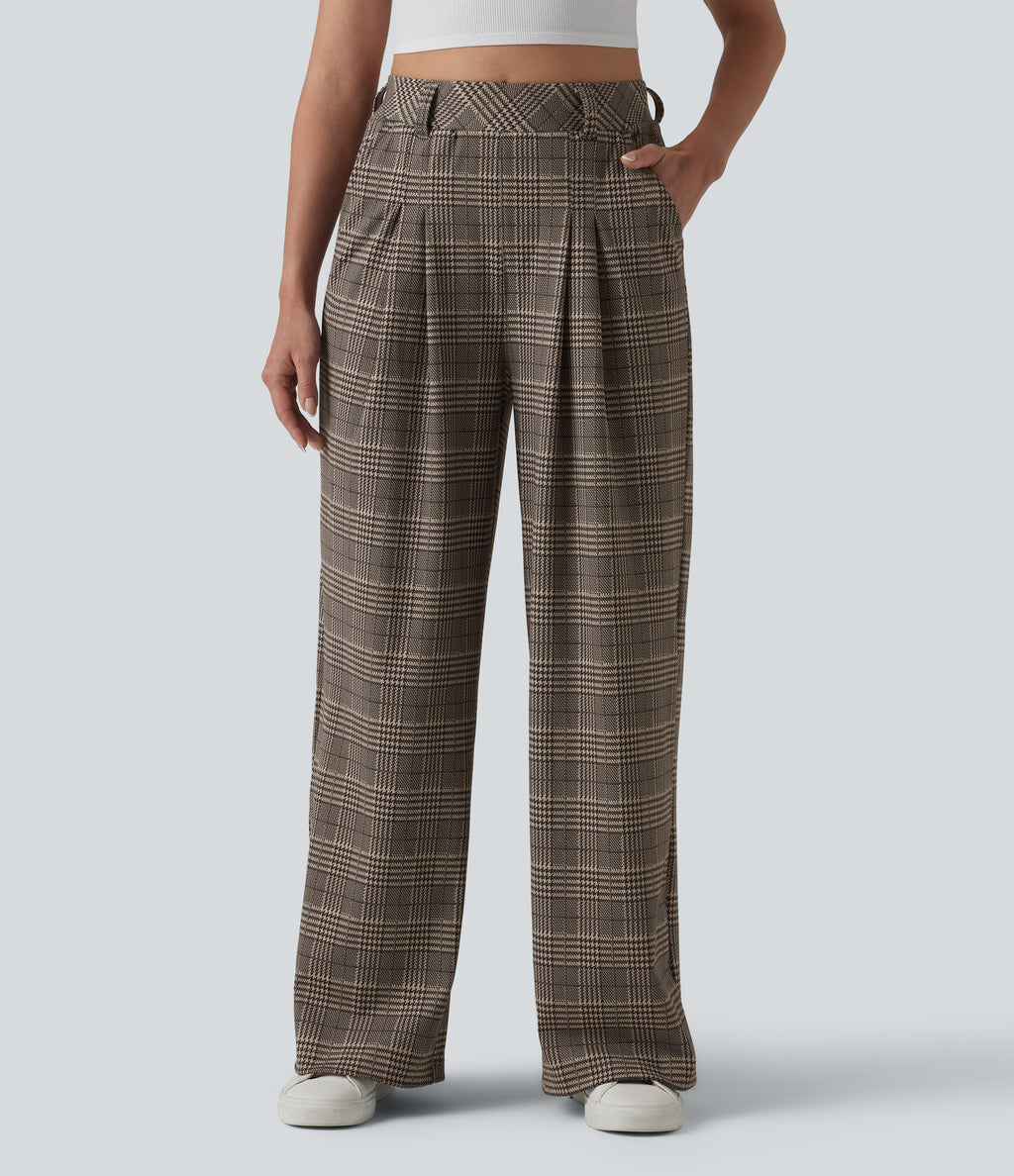 High Waisted Wide Leg Houndstooth Plaid Casual Trousers with Pockets — Brown Houndstooth Plaid — view 8