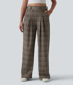High Waisted Wide Leg Houndstooth Plaid Casual Trousers with Pockets — Brown Houndstooth Plaid — view 8
