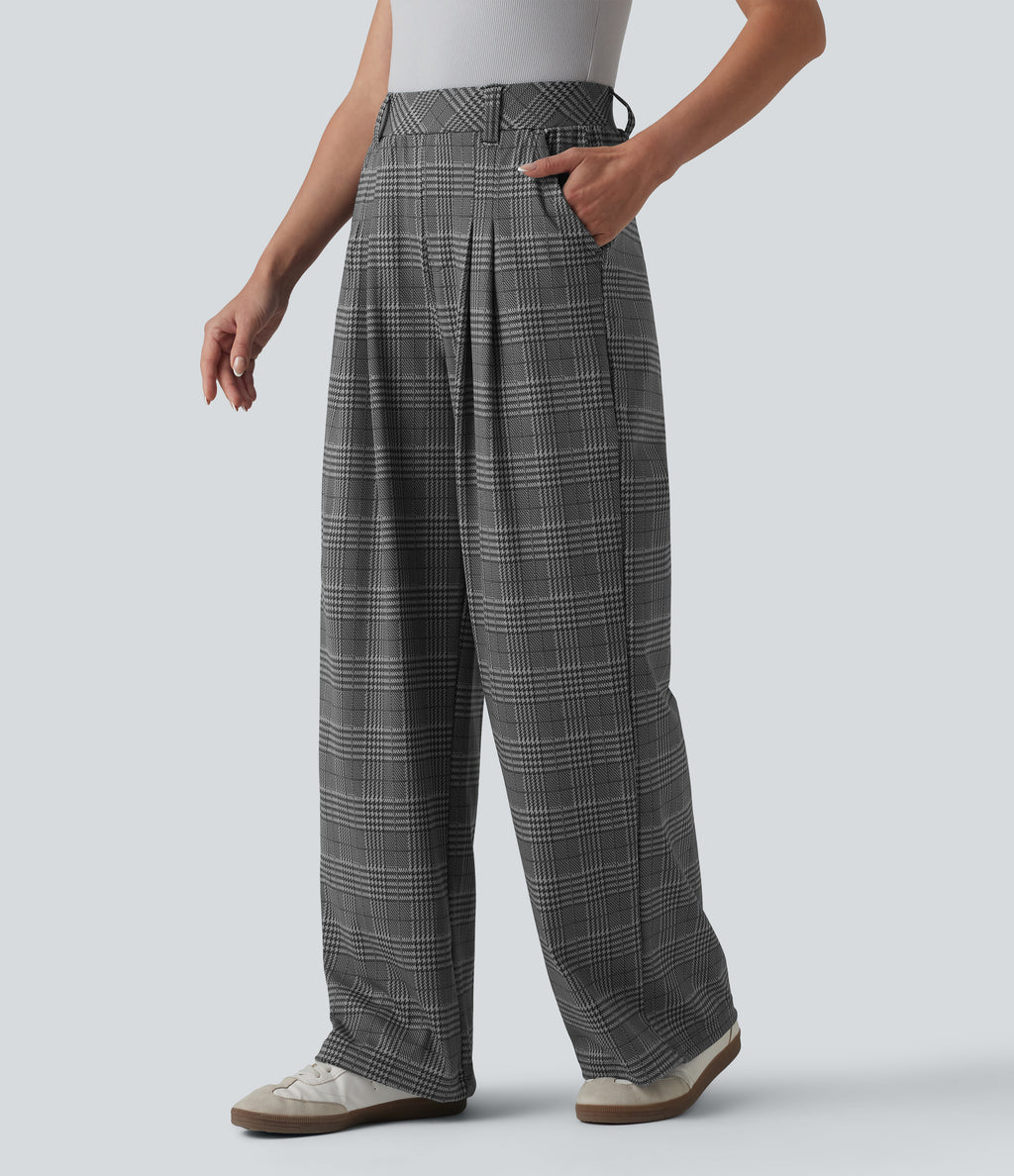 High Waisted Wide Leg Houndstooth Plaid Casual Trousers with Pockets — Charcoal Houndstooth — view 3
