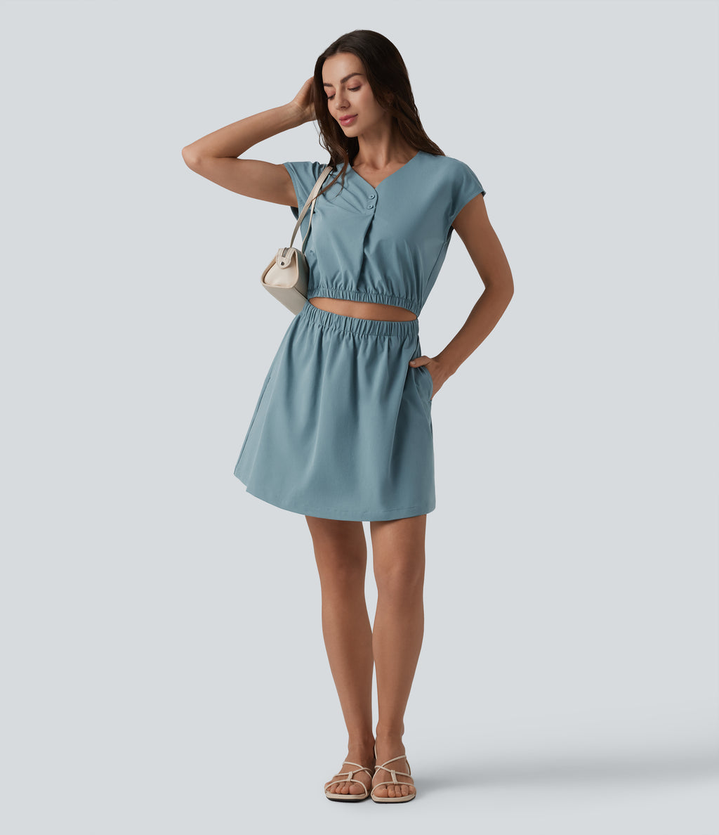 V-neck Cap Sleeve Cut Out Stretchy Poplin Casual Dress with Pockets — Stone Blue — view 7