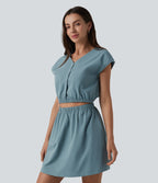 V-neck Cap Sleeve Cut Out Stretchy Poplin Casual Dress with Pockets — Stone Blue — view 2