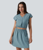 V-neck Cap Sleeve Cut Out Stretchy Poplin Casual Dress with Pockets — Stone Blue — view 3