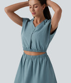 V-neck Cap Sleeve Cut Out Stretchy Poplin Casual Dress with Pockets — Stone Blue — view 5