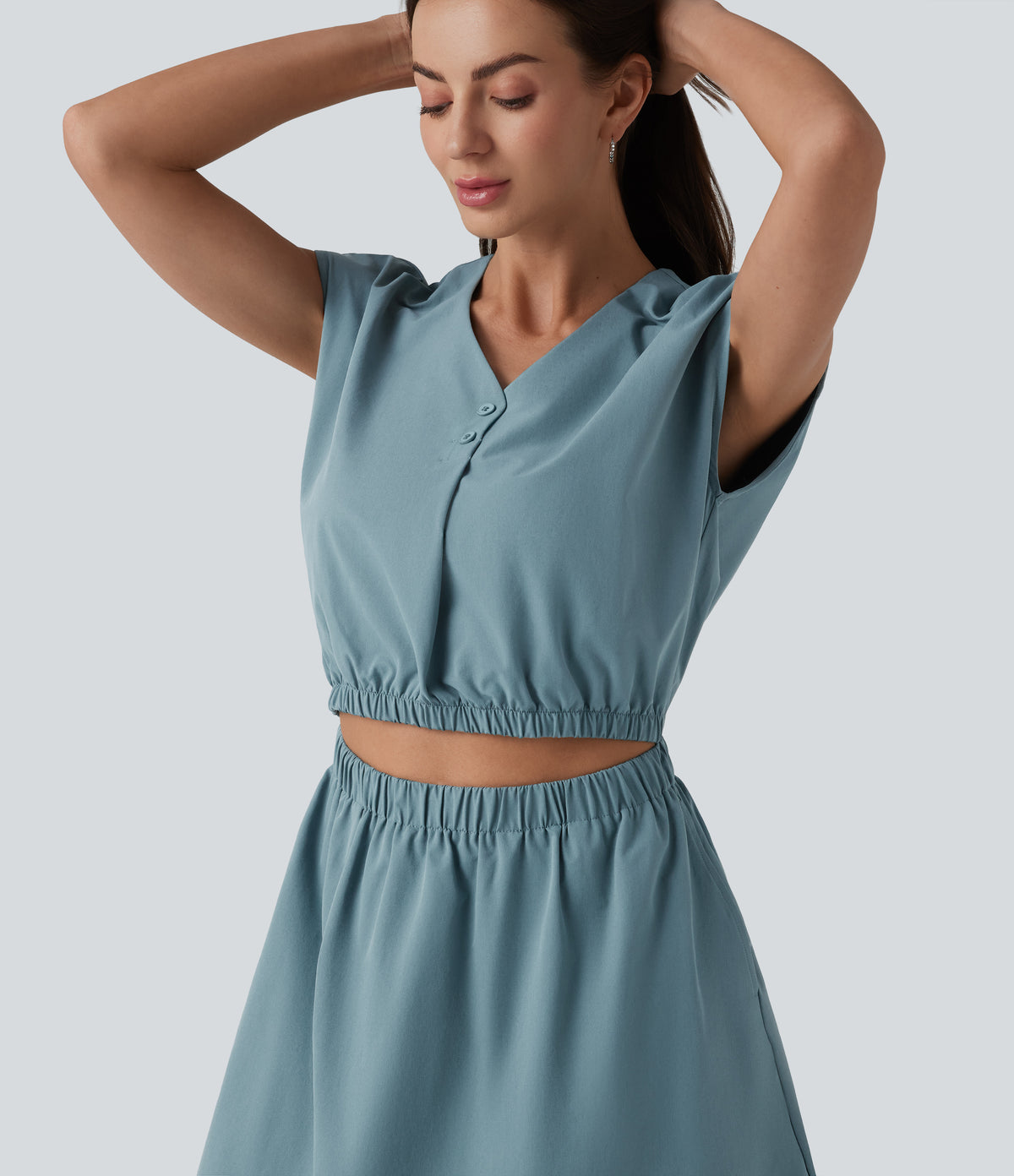 V-neck Cap Sleeve Cut Out Stretchy Poplin Casual Dress with Pockets — Stone Blue — view 5