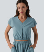 V-neck Cap Sleeve Cut Out Stretchy Poplin Casual Dress with Pockets — Stone Blue — view 4