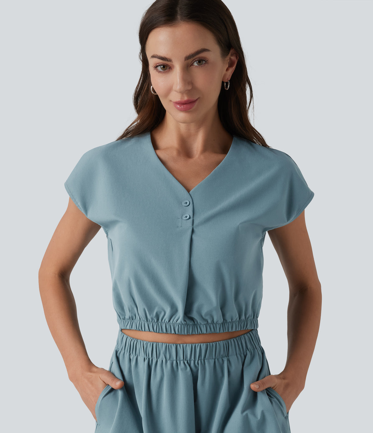V-neck Cap Sleeve Cut Out Stretchy Poplin Casual Dress with Pockets — Stone Blue — view 4