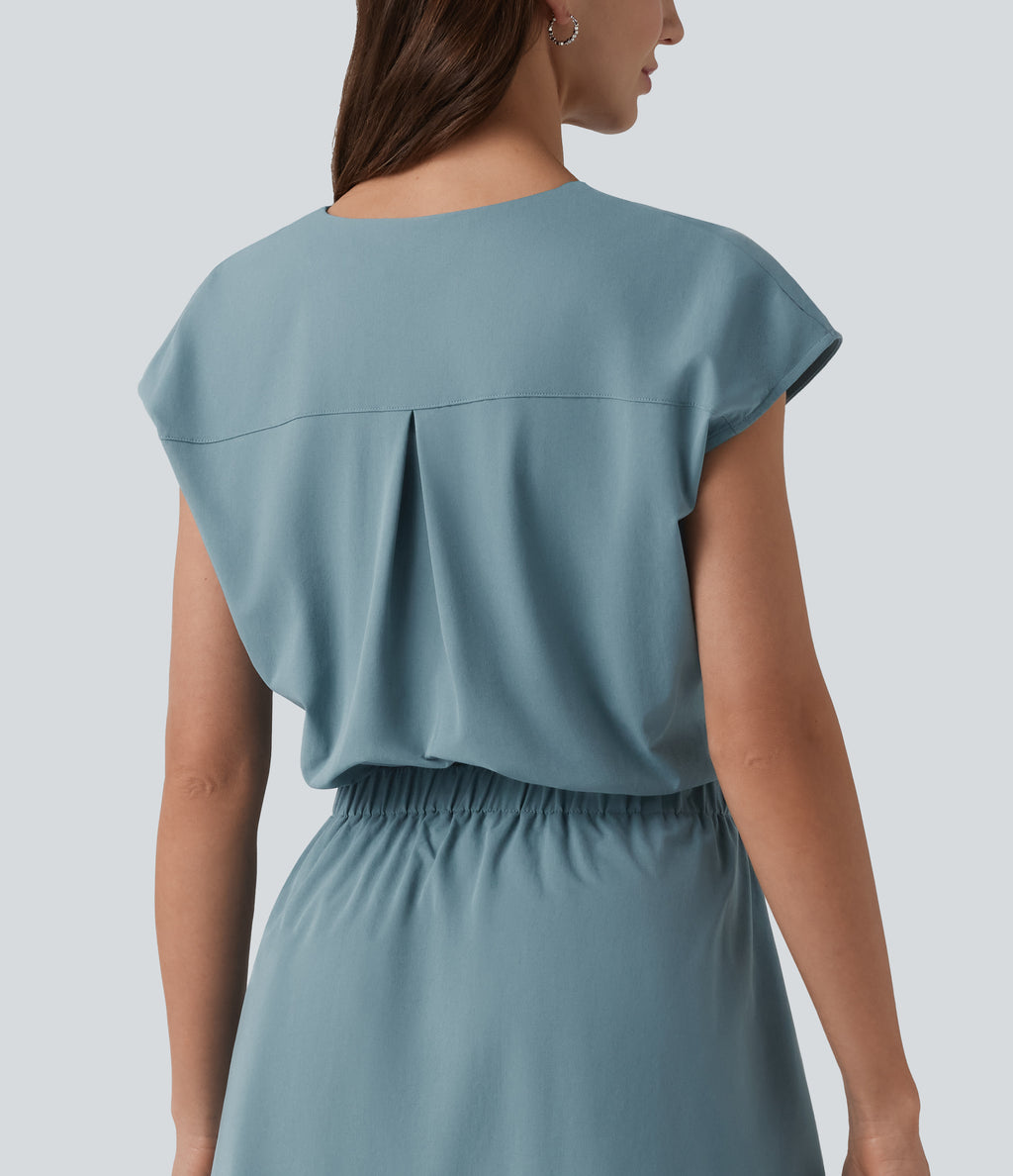 V-neck Cap Sleeve Cut Out Stretchy Poplin Casual Dress with Pockets — Stone Blue — view 6