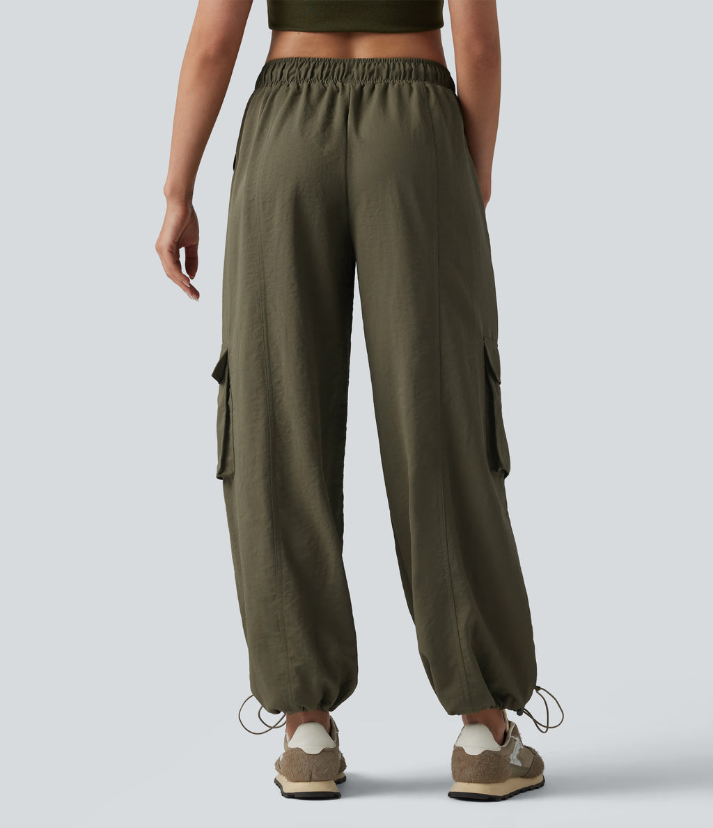 Mid Rise Drawstring Barrel Leg Casual Cargo Joggers with Pockets — Ivy Green — view 2