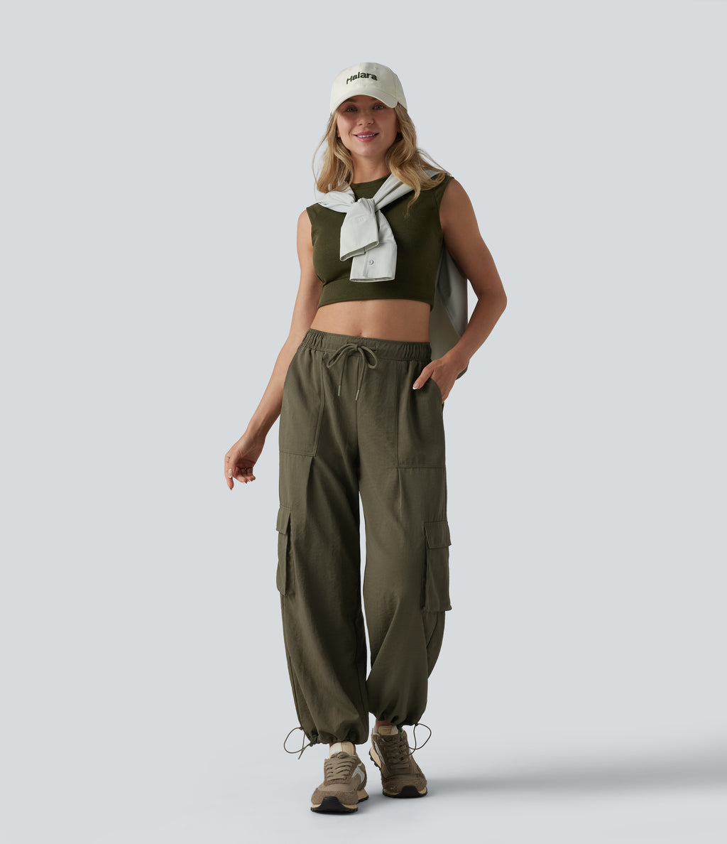 Mid Rise Drawstring Barrel Leg Casual Cargo Joggers with Pockets — Ivy Green — view 6