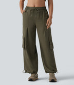 Mid Rise Drawstring Barrel Leg Casual Cargo Joggers with Pockets — Ivy Green — view 3