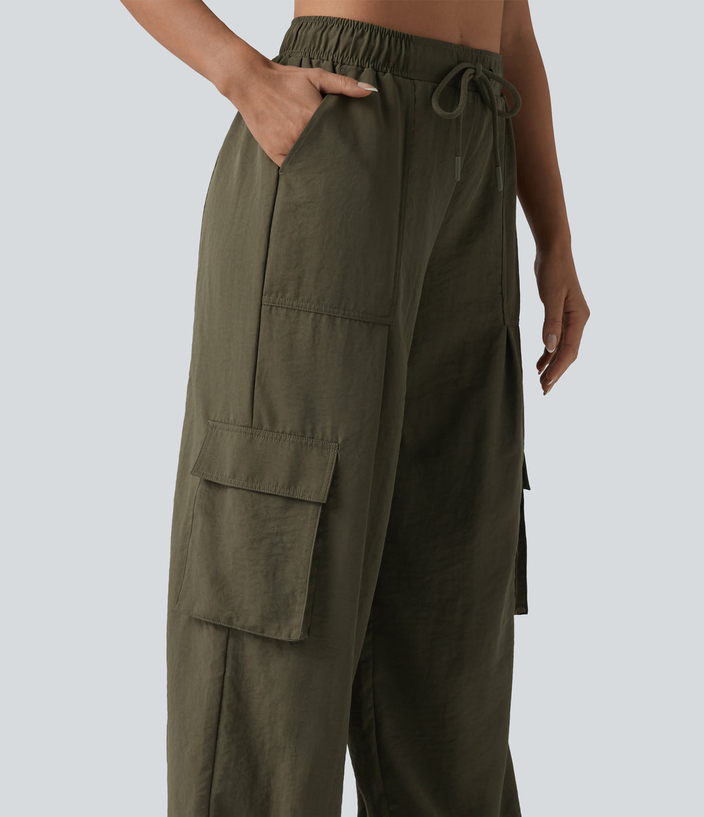 Mid Rise Drawstring Barrel Leg Casual Cargo Joggers with Pockets — Ivy Green — view 4
