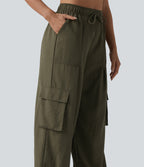 Mid Rise Drawstring Barrel Leg Casual Cargo Joggers with Pockets — Ivy Green — view 4